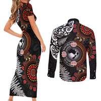 Australia and New Zealand Together Couples Matching Short Sleeve Bodycon Dress and Long Sleeve Button Shirt Aboriginal and Maori Art Tattoo LT03 - Polynesian Pride