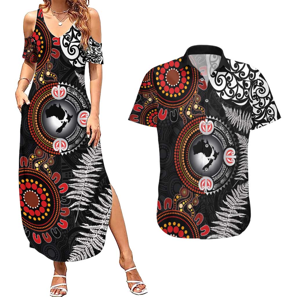 Australia and New Zealand Together Couples Matching Summer Maxi Dress and Hawaiian Shirt Aboriginal and Maori Art Tattoo LT03 Black - Polynesian Pride
