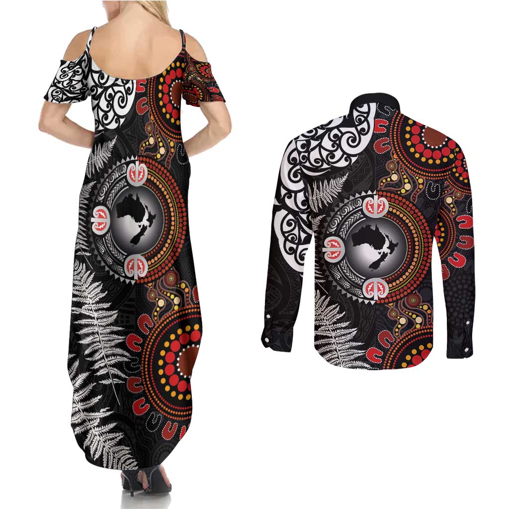 Australia and New Zealand Together Couples Matching Summer Maxi Dress and Long Sleeve Button Shirt Aboriginal and Maori Art Tattoo LT03 - Polynesian Pride