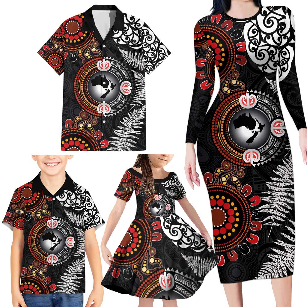 Australia and New Zealand Together Family Matching Long Sleeve Bodycon Dress and Hawaiian Shirt Aboriginal and Maori Art Tattoo LT03 - Polynesian Pride