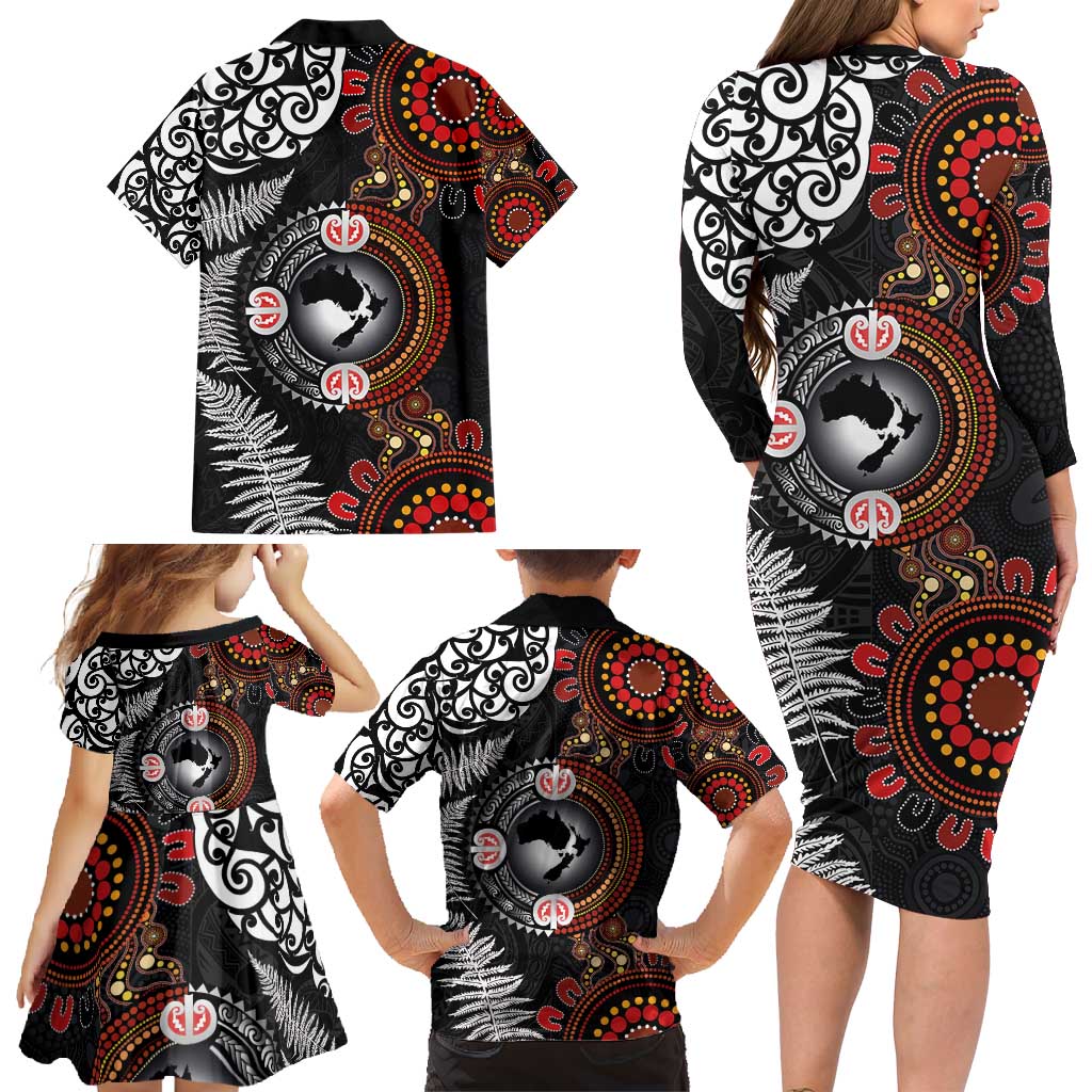 Australia and New Zealand Together Family Matching Long Sleeve Bodycon Dress and Hawaiian Shirt Aboriginal and Maori Art Tattoo LT03 - Polynesian Pride
