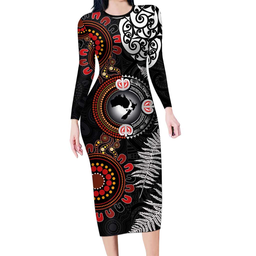 Australia and New Zealand Together Family Matching Long Sleeve Bodycon Dress and Hawaiian Shirt Aboriginal and Maori Art Tattoo LT03 Mom's Dress Black - Polynesian Pride
