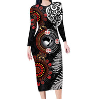 Australia and New Zealand Together Family Matching Long Sleeve Bodycon Dress and Hawaiian Shirt Aboriginal and Maori Art Tattoo LT03 Mom's Dress Black - Polynesian Pride