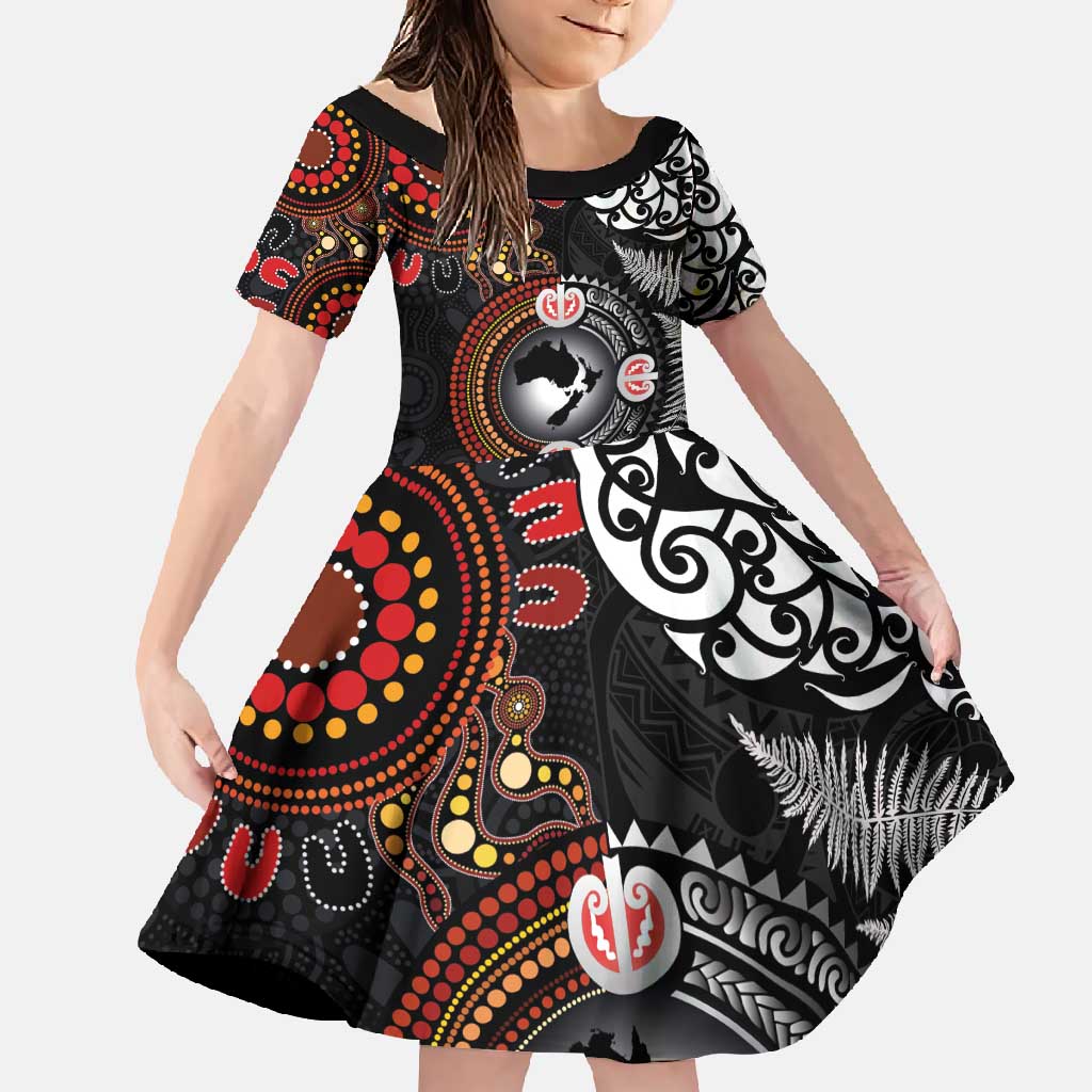 Australia and New Zealand Together Family Matching Mermaid Dress and Hawaiian Shirt Aboriginal and Maori Art Tattoo LT03 Daughter's Dress Black - Polynesian Pride