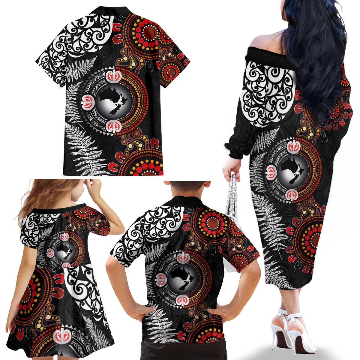 Australia and New Zealand Together Family Matching Off The Shoulder Long Sleeve Dress and Hawaiian Shirt Aboriginal and Maori Art Tattoo LT03 - Polynesian Pride