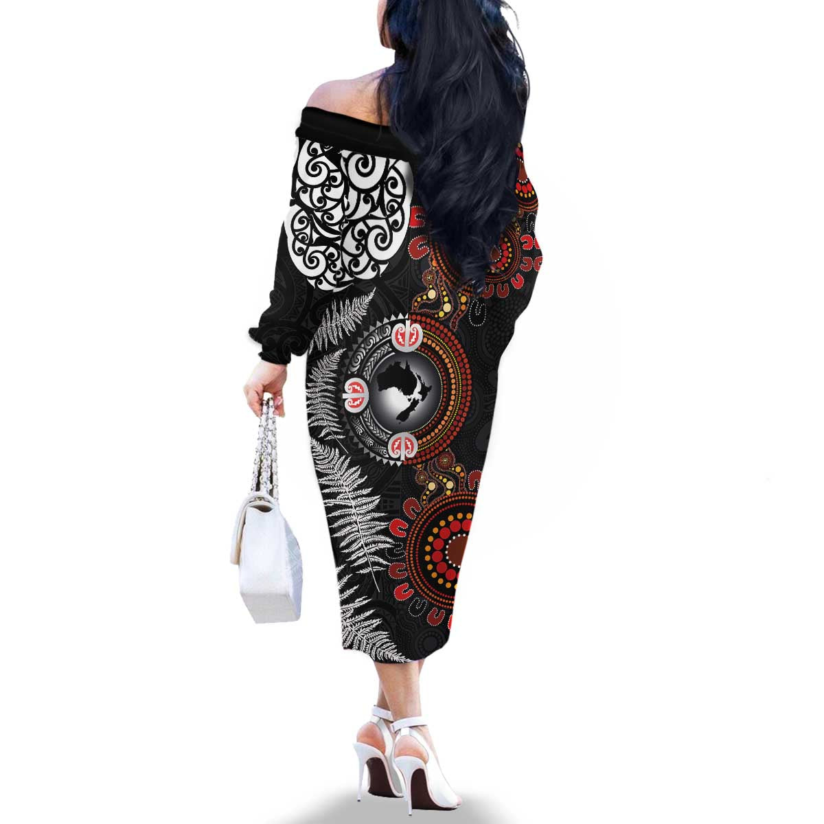 Australia and New Zealand Together Family Matching Off The Shoulder Long Sleeve Dress and Hawaiian Shirt Aboriginal and Maori Art Tattoo LT03 - Polynesian Pride