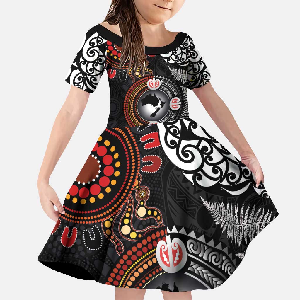 Australia and New Zealand Together Family Matching Off Shoulder Maxi Dress and Hawaiian Shirt Aboriginal and Maori Art Tattoo LT03 Daughter's Dress Black - Polynesian Pride
