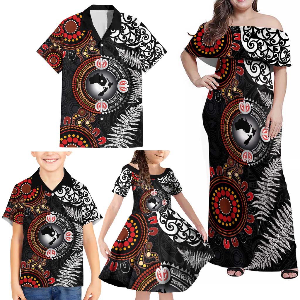 Australia and New Zealand Together Family Matching Off Shoulder Maxi Dress and Hawaiian Shirt Aboriginal and Maori Art Tattoo LT03 - Polynesian Pride