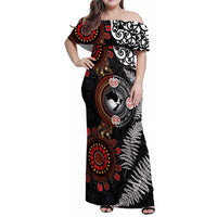 Australia and New Zealand Together Family Matching Off Shoulder Maxi Dress and Hawaiian Shirt Aboriginal and Maori Art Tattoo LT03 Mom's Dress Black - Polynesian Pride