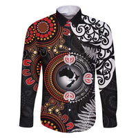 Australia and New Zealand Together Family Matching Puletasi and Hawaiian Shirt Aboriginal and Maori Art Tattoo LT03 Dad's Shirt - Long Sleeve Black - Polynesian Pride