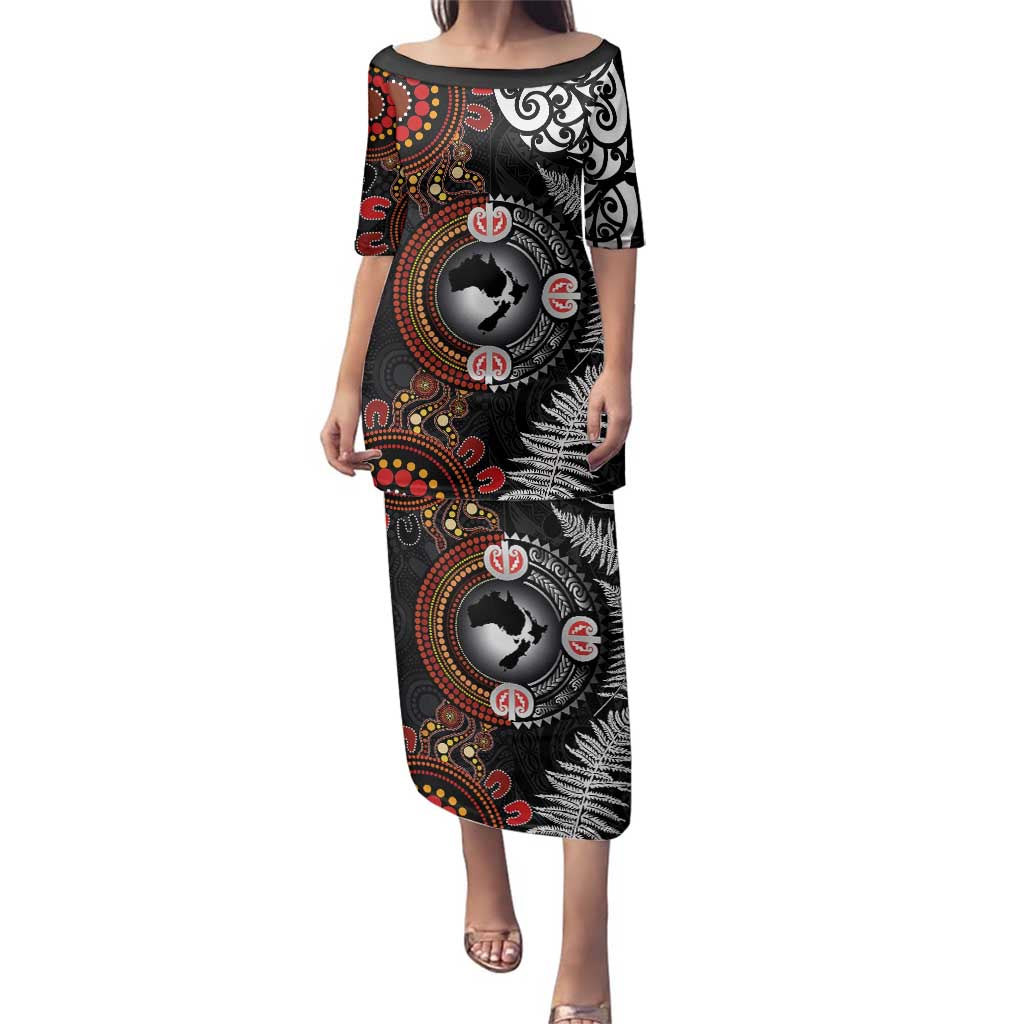 Australia and New Zealand Together Family Matching Puletasi and Hawaiian Shirt Aboriginal and Maori Art Tattoo LT03 Mom's Dress Black - Polynesian Pride