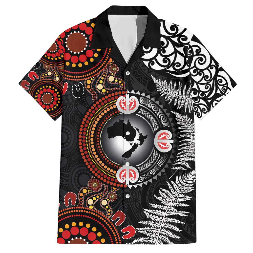 Australia and New Zealand Together Family Matching Short Sleeve Bodycon Dress and Hawaiian Shirt Aboriginal and Maori Art Tattoo LT03 Dad's Shirt - Short Sleeve Black - Polynesian Pride