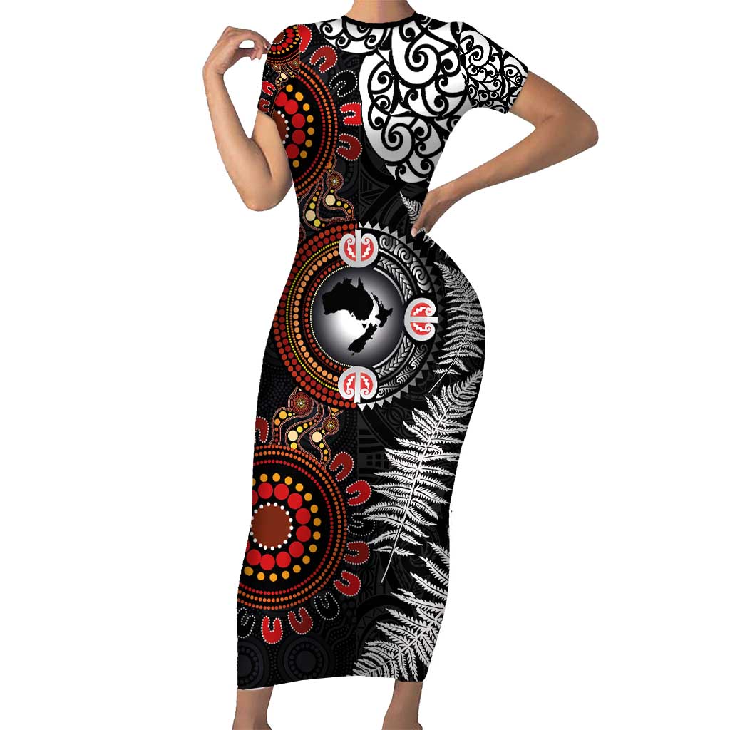 Australia and New Zealand Together Family Matching Short Sleeve Bodycon Dress and Hawaiian Shirt Aboriginal and Maori Art Tattoo LT03 Mom's Dress Black - Polynesian Pride