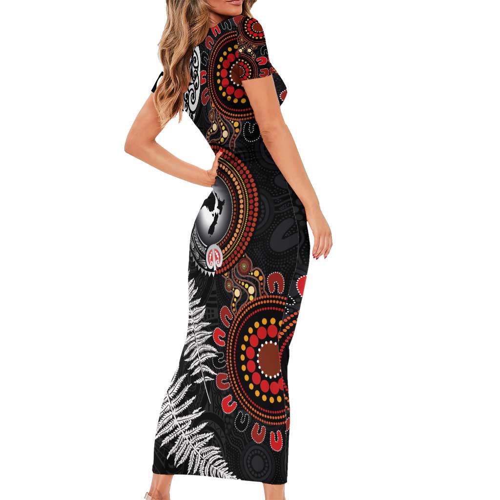 Australia and New Zealand Together Family Matching Short Sleeve Bodycon Dress and Hawaiian Shirt Aboriginal and Maori Art Tattoo LT03 - Polynesian Pride