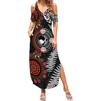 Australia and New Zealand Together Family Matching Summer Maxi Dress and Hawaiian Shirt Aboriginal and Maori Art Tattoo LT03 Mom's Dress Black - Polynesian Pride