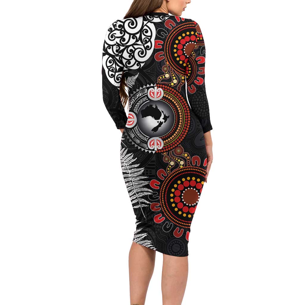 Australia and New Zealand Together Long Sleeve Bodycon Dress Aboriginal and Maori Art Tattoo LT03 - Polynesian Pride