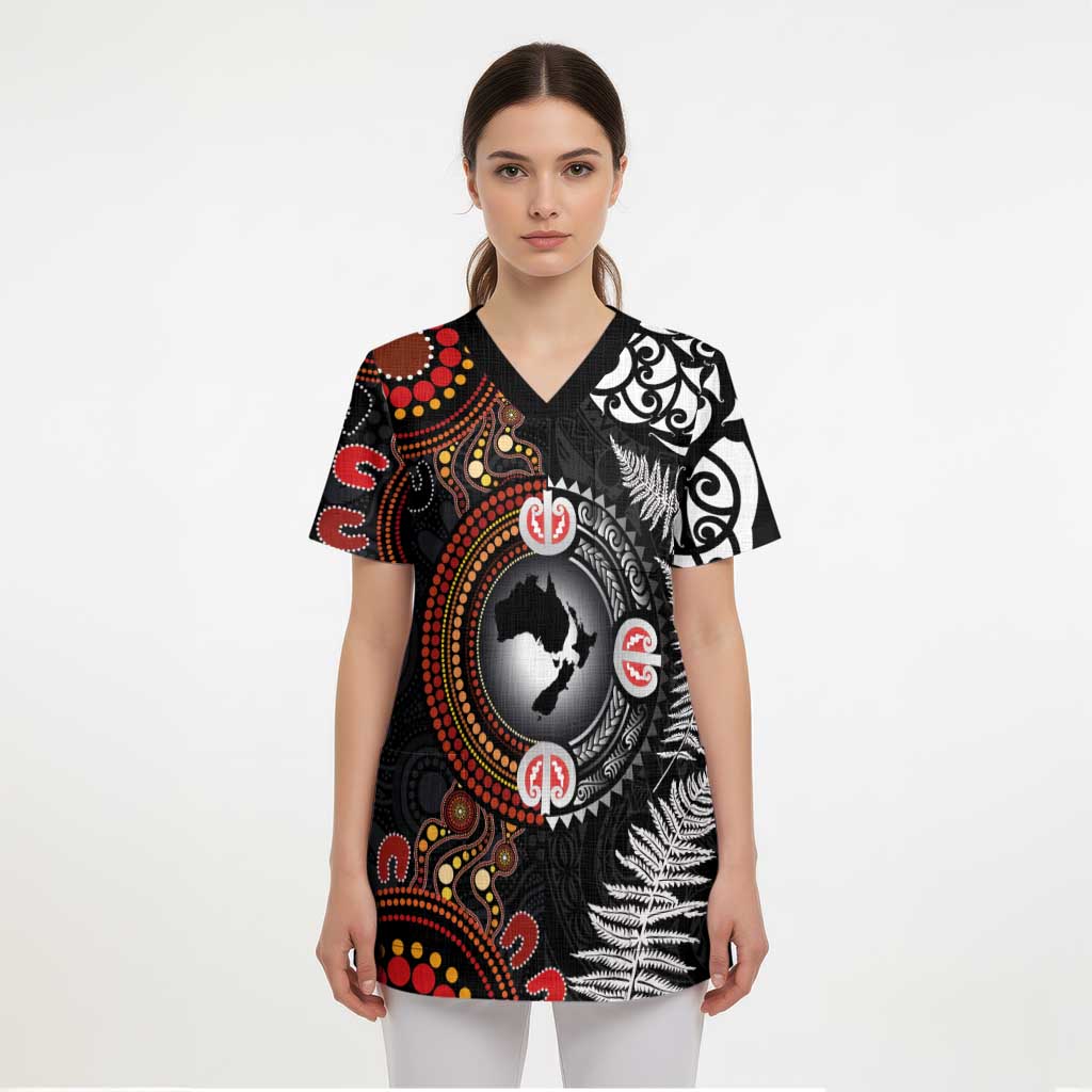 Australia and New Zealand Together Scrub Top Aboriginal and Maori Art Tattoo - Polynesian Pride