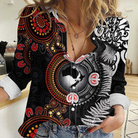 Australia and New Zealand Together Women Casual Shirt Aboriginal and Maori Art Tattoo LT03 Female Black - Polynesian Pride