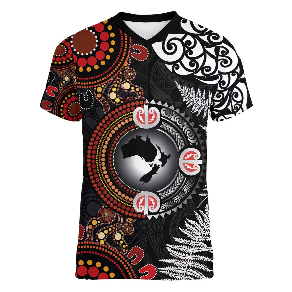 Australia and New Zealand Together Women V-Neck T-Shirt Aboriginal and Maori Art Tattoo
