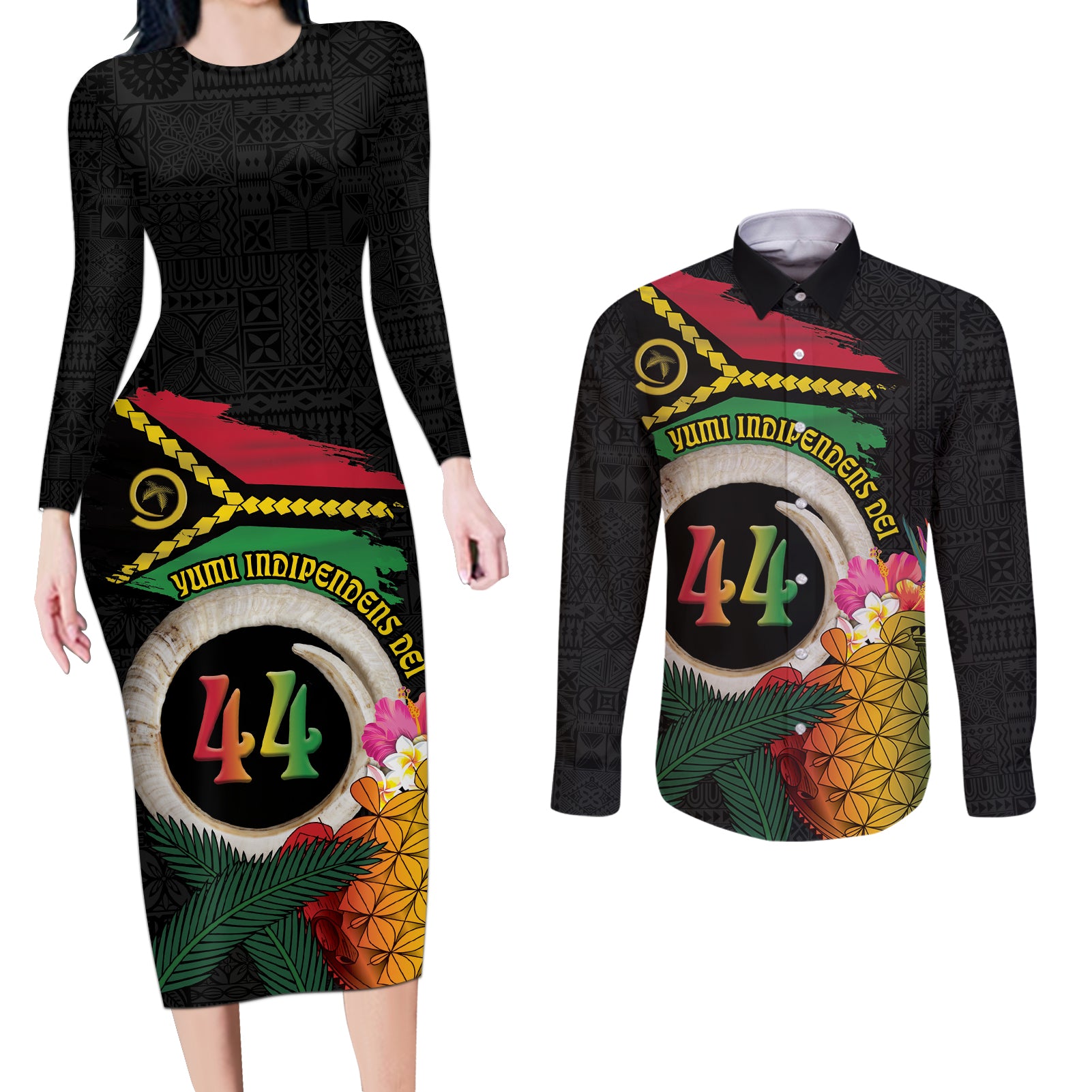 Vanuatu Selebretem 44th Indipendens Dei Couples Matching Long Sleeve Bodycon Dress and Long Sleeve Button Shirt Sand Drawing Turtle Melanesian Vibes