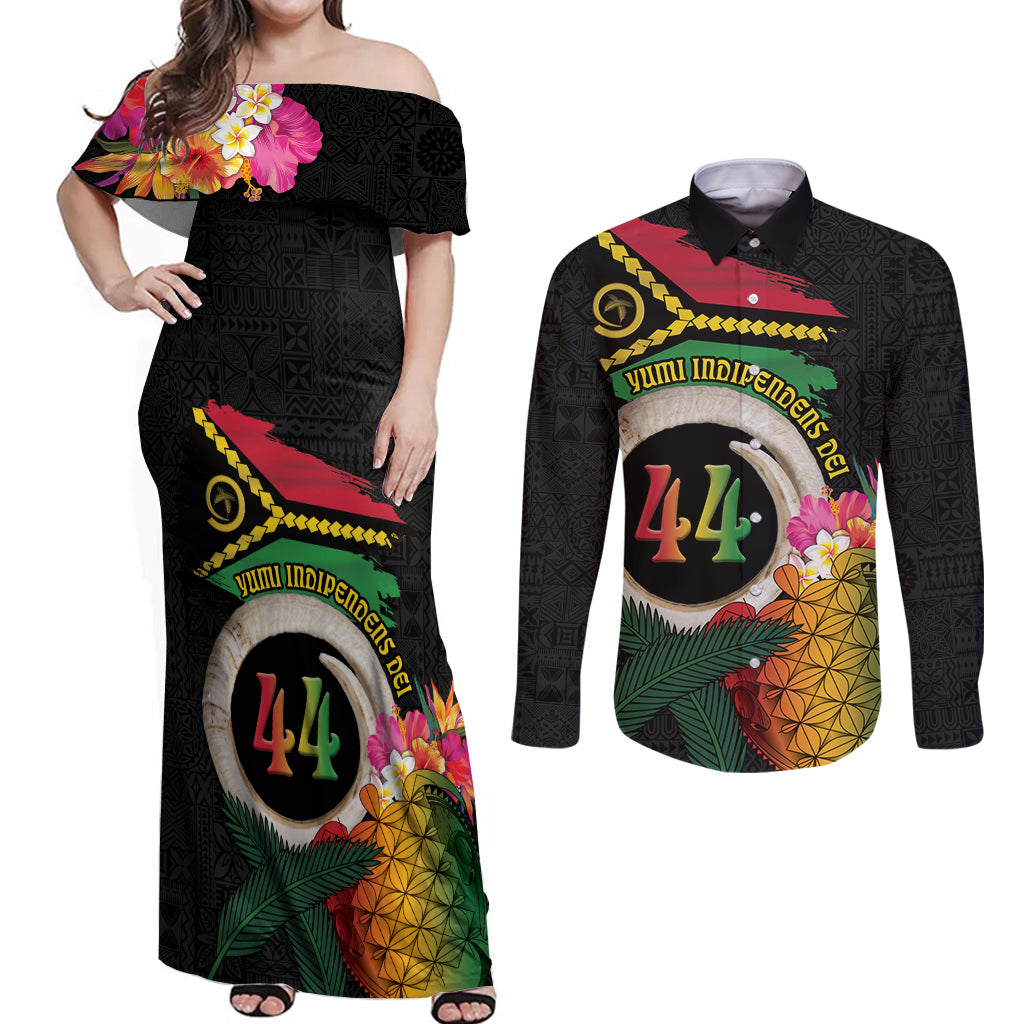 Vanuatu Selebretem 44th Indipendens Dei Couples Matching Off Shoulder Maxi Dress and Long Sleeve Button Shirt Sand Drawing Turtle Melanesian Vibes