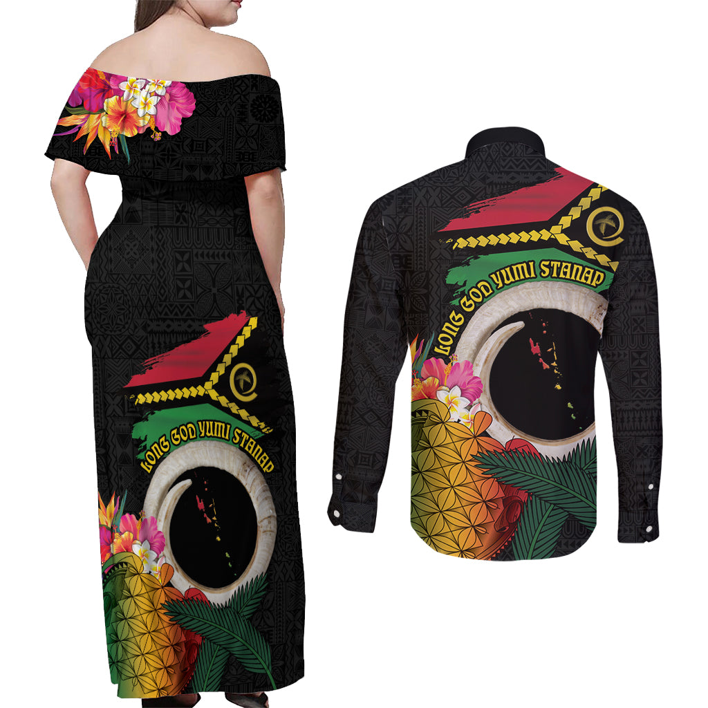 Vanuatu Selebretem 44th Indipendens Dei Couples Matching Off Shoulder Maxi Dress and Long Sleeve Button Shirt Sand Drawing Turtle Melanesian Vibes