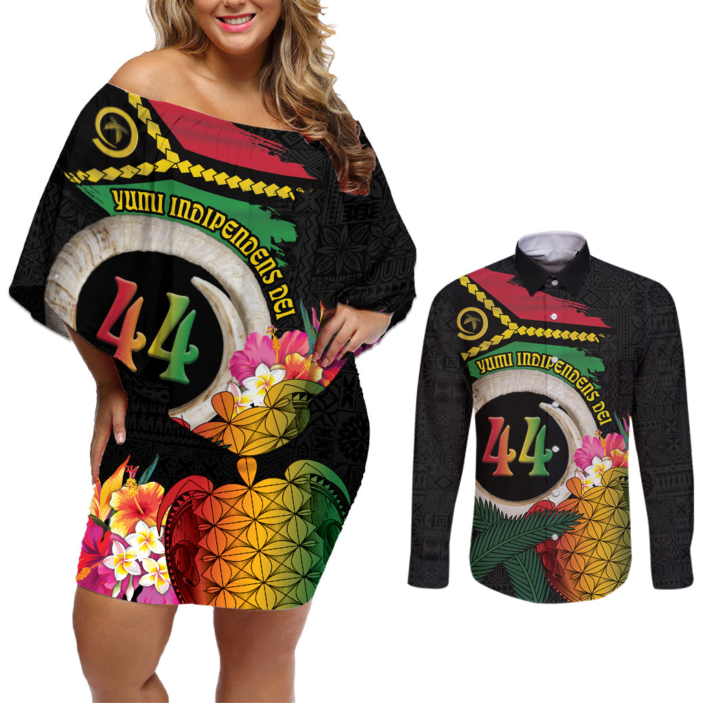 Vanuatu Selebretem 44th Indipendens Dei Couples Matching Off Shoulder Short Dress and Long Sleeve Button Shirt Sand Drawing Turtle Melanesian Vibes