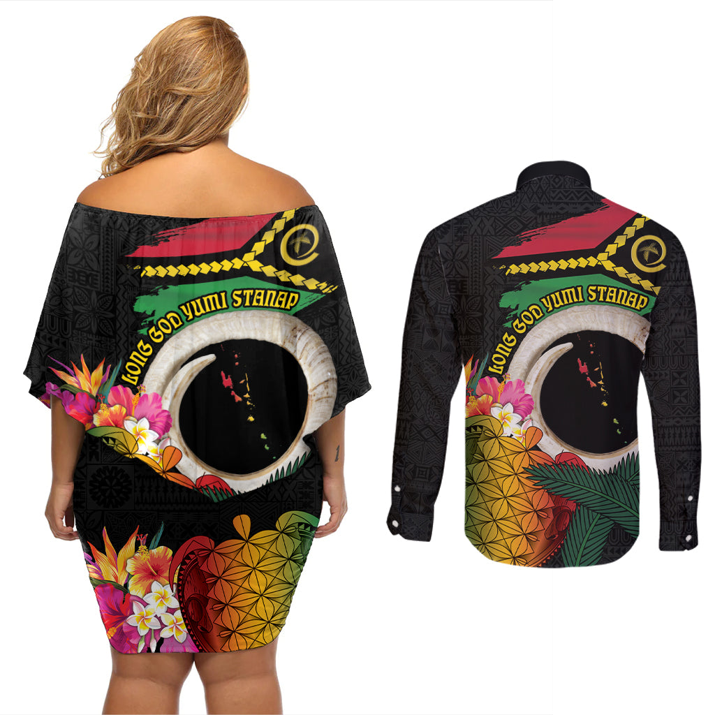 Vanuatu Selebretem 44th Indipendens Dei Couples Matching Off Shoulder Short Dress and Long Sleeve Button Shirt Sand Drawing Turtle Melanesian Vibes