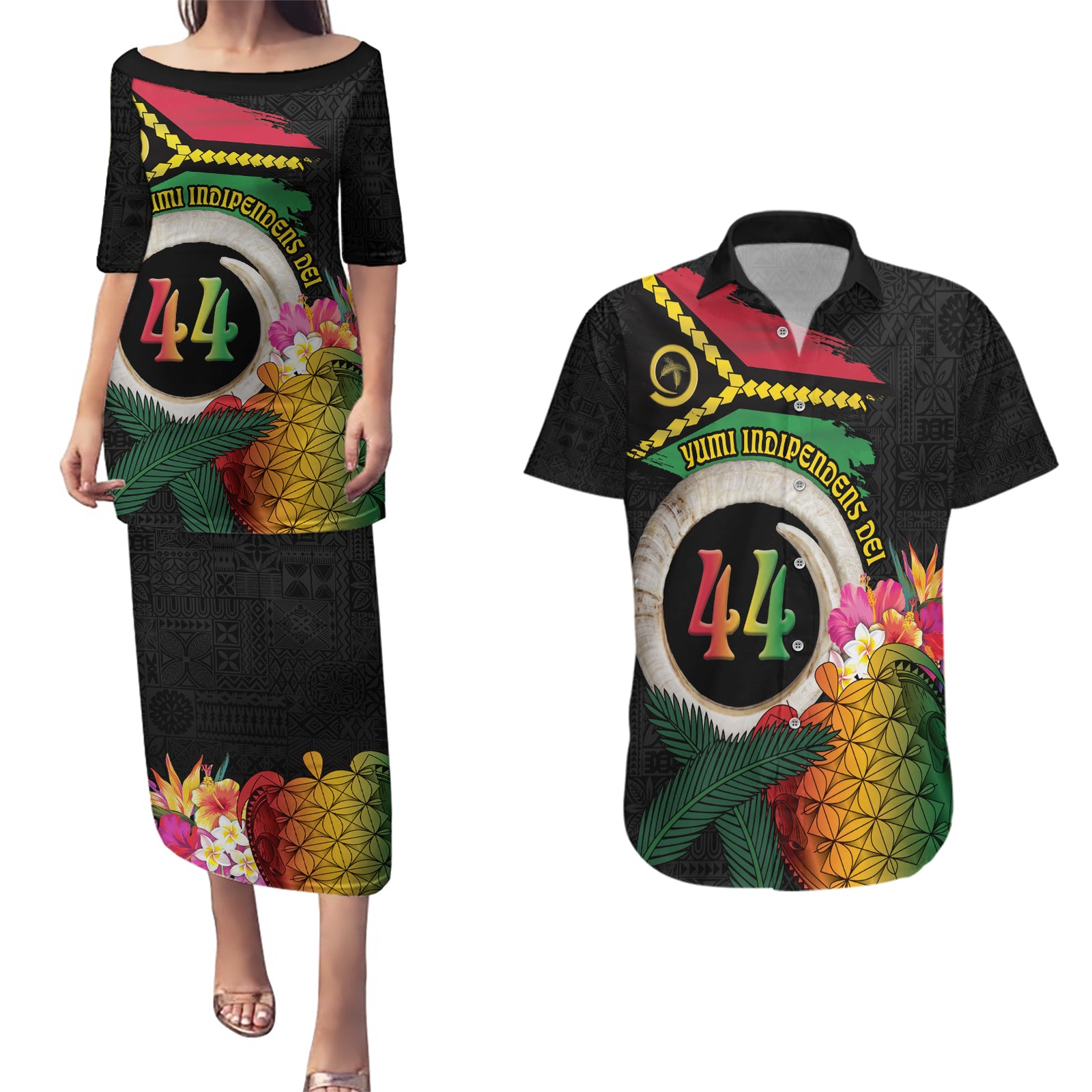 Vanuatu Selebretem 44th Indipendens Dei Couples Matching Puletasi and Hawaiian Shirt Sand Drawing Turtle Melanesian Vibes