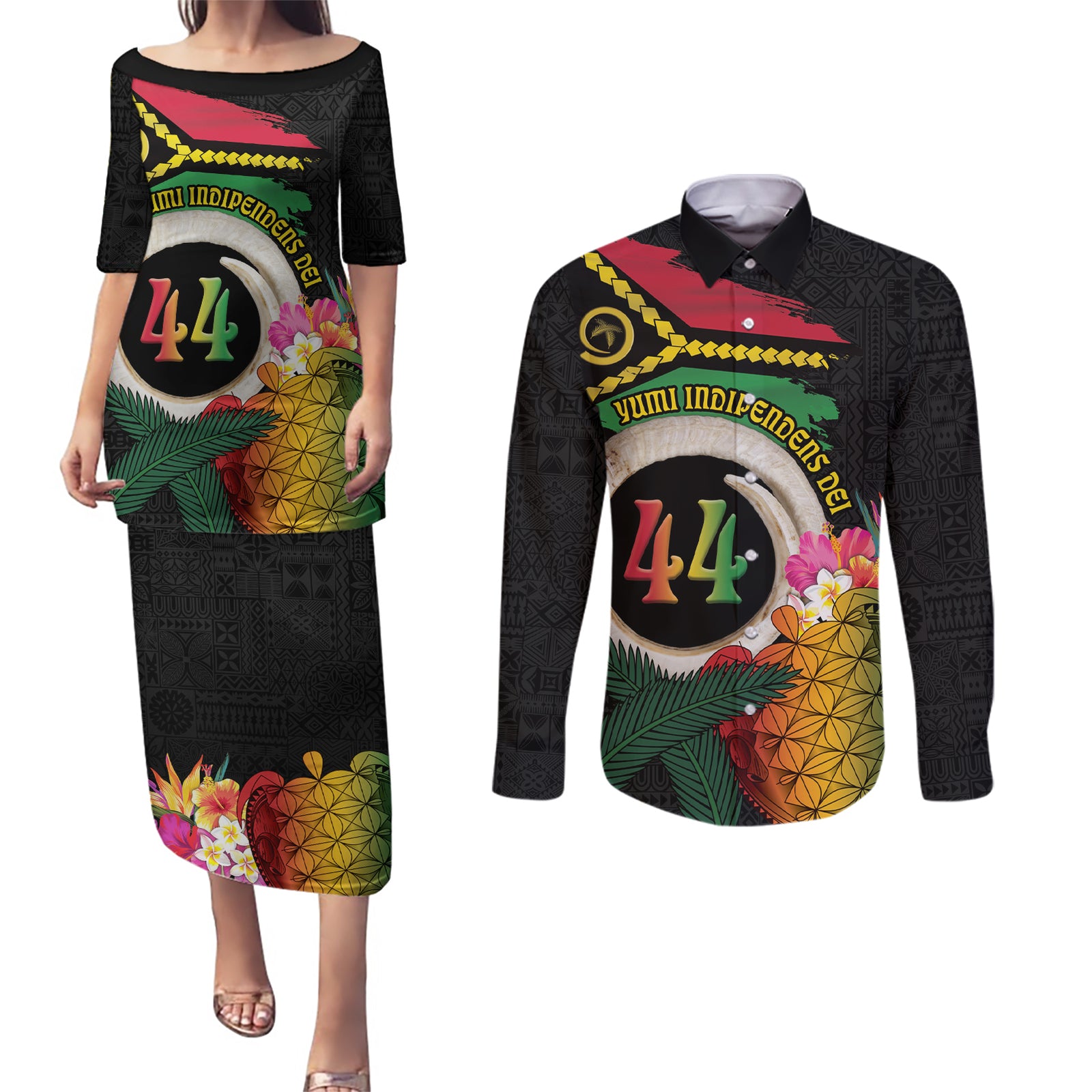 Vanuatu Selebretem 44th Indipendens Dei Couples Matching Puletasi and Long Sleeve Button Shirt Sand Drawing Turtle Melanesian Vibes