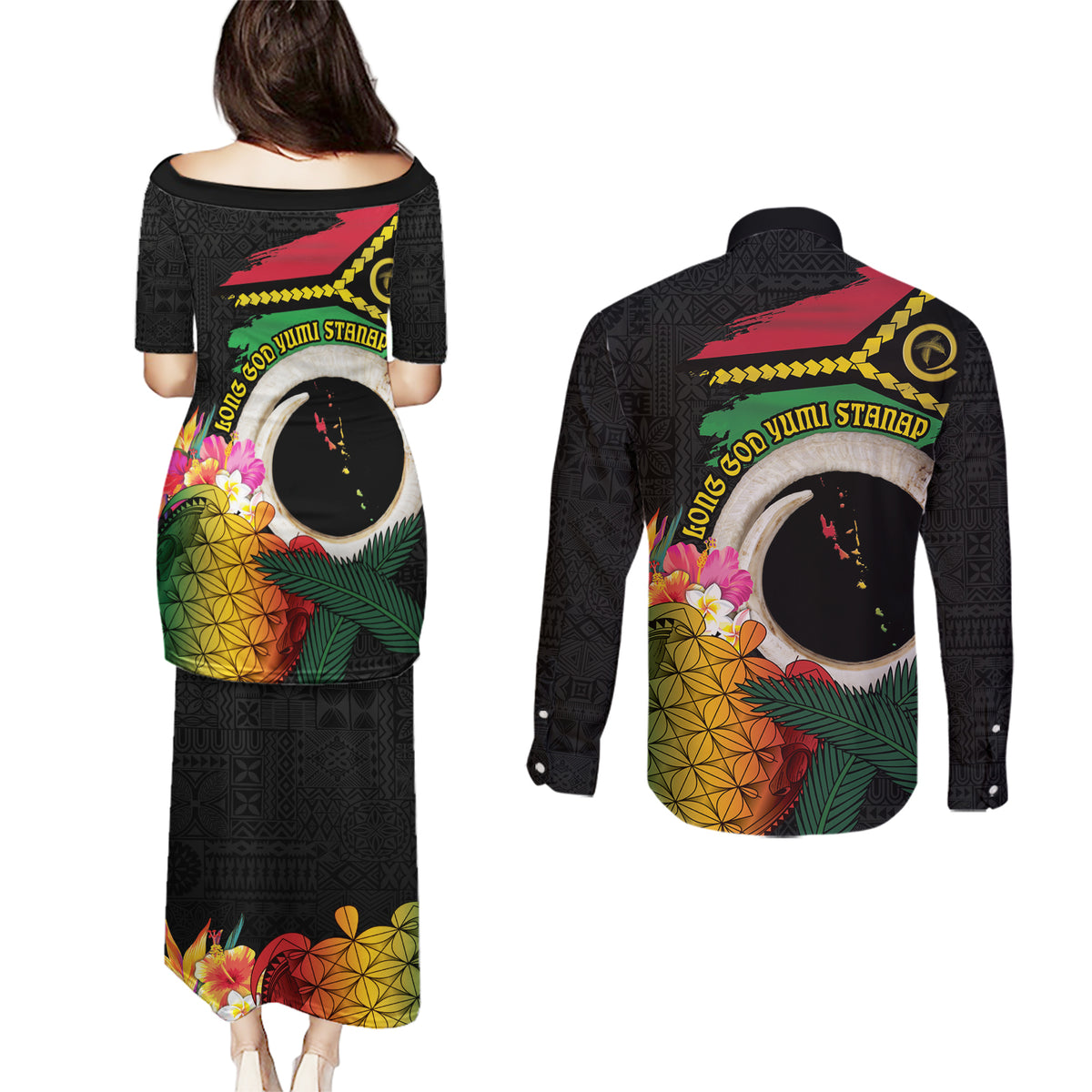 Vanuatu Selebretem 44th Indipendens Dei Couples Matching Puletasi and Long Sleeve Button Shirt Sand Drawing Turtle Melanesian Vibes