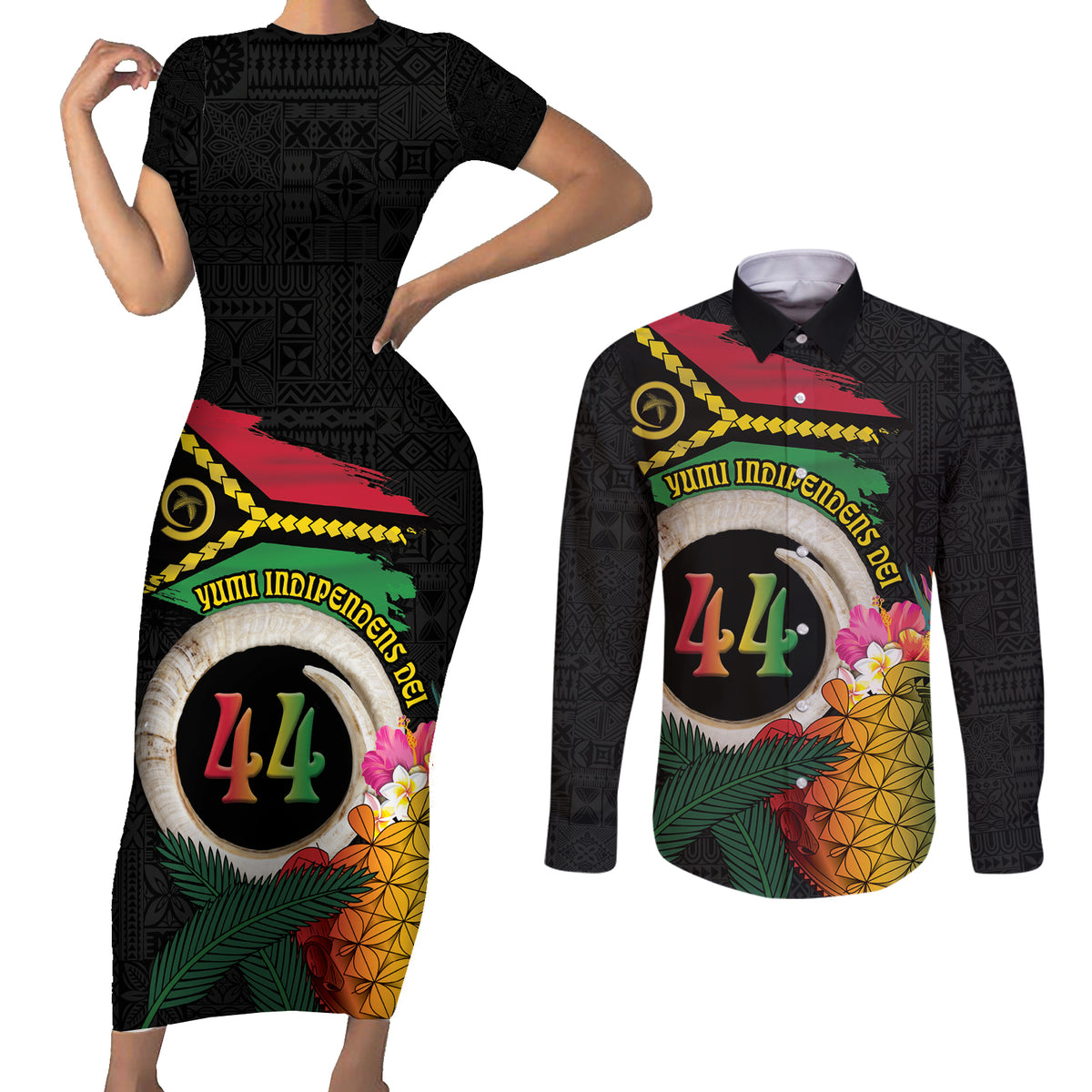 Vanuatu Selebretem 44th Indipendens Dei Couples Matching Short Sleeve Bodycon Dress and Long Sleeve Button Shirt Sand Drawing Turtle Melanesian Vibes