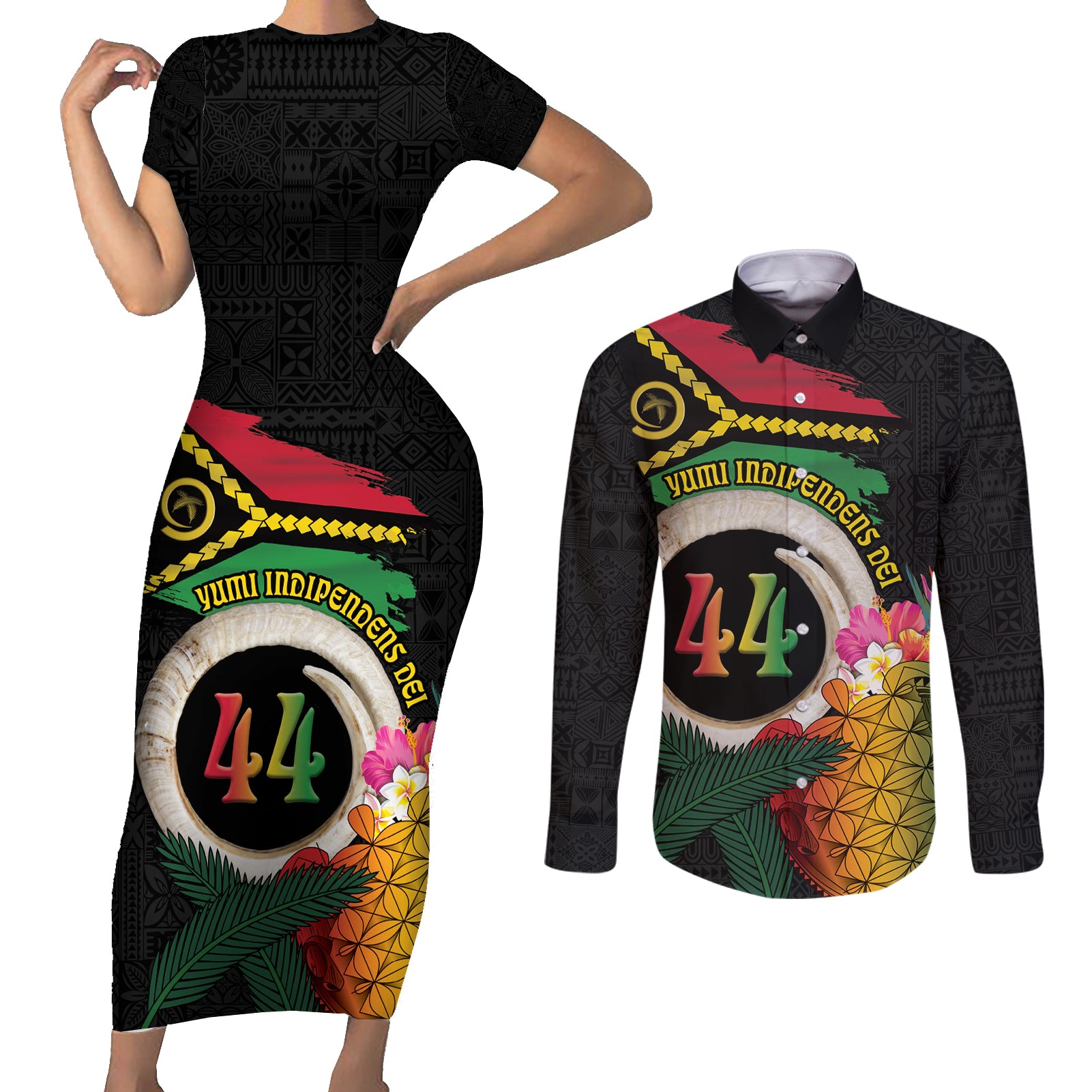 Vanuatu Selebretem 44th Indipendens Dei Couples Matching Short Sleeve Bodycon Dress and Long Sleeve Button Shirt Sand Drawing Turtle Melanesian Vibes