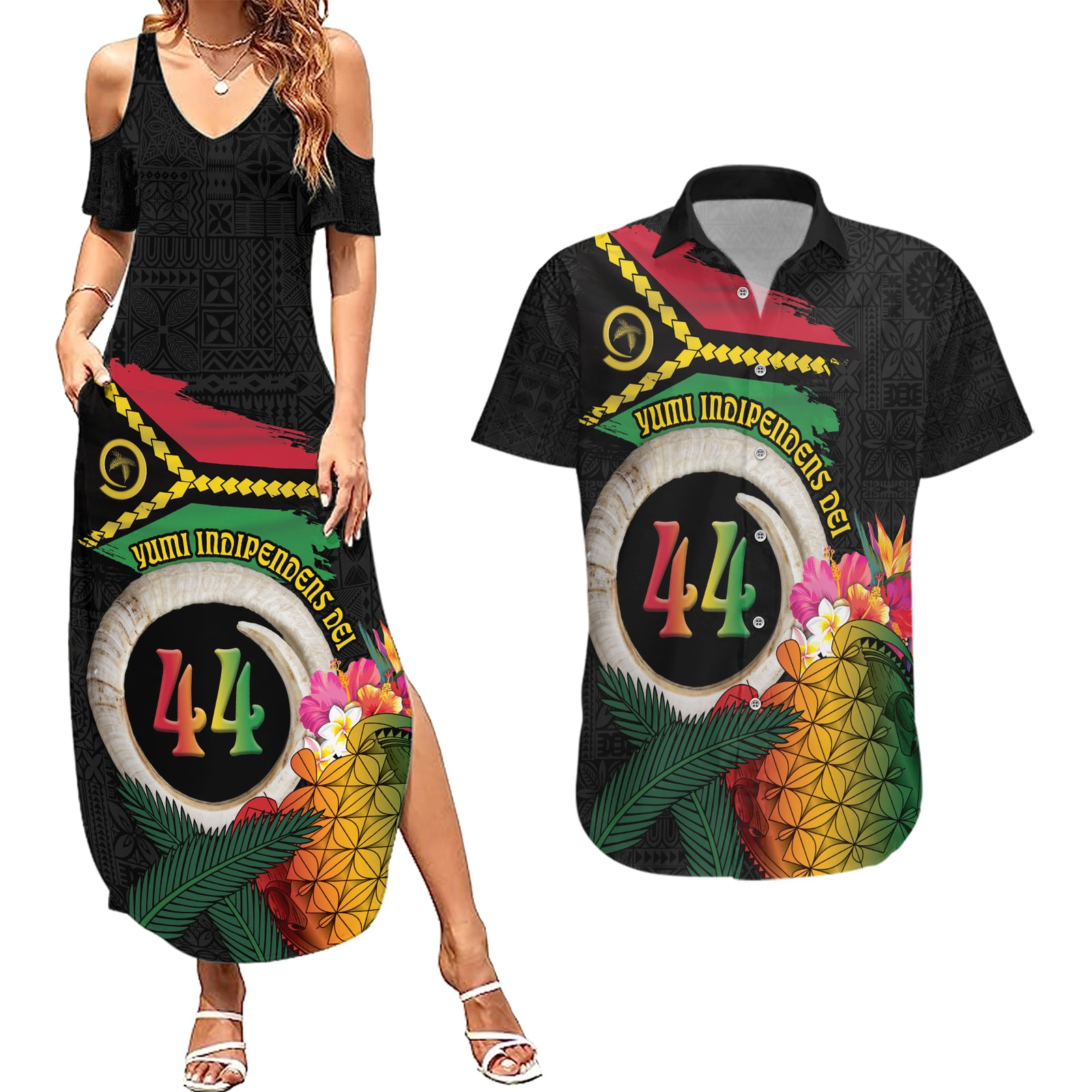 Vanuatu Selebretem 44th Indipendens Dei Couples Matching Summer Maxi Dress and Hawaiian Shirt Sand Drawing Turtle Melanesian Vibes