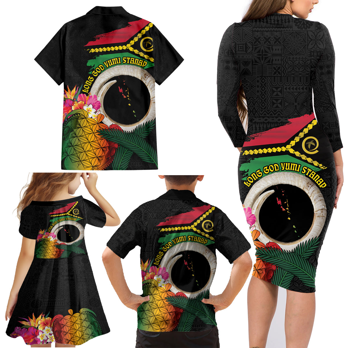 Vanuatu Selebretem 44th Indipendens Dei Family Matching Long Sleeve Bodycon Dress and Hawaiian Shirt Sand Drawing Turtle Melanesian Vibes LT03 - Polynesian Pride