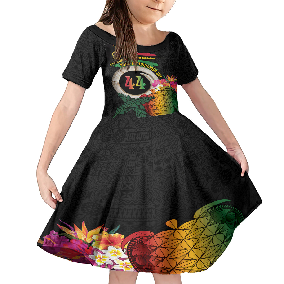 Vanuatu Selebretem 44th Indipendens Dei Family Matching Off The Shoulder Long Sleeve Dress and Hawaiian Shirt Sand Drawing Turtle Melanesian Vibes LT03 Daughter's Dress Black - Polynesian Pride
