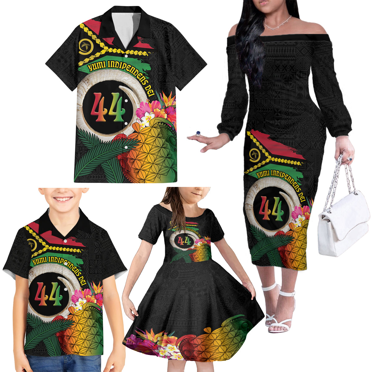 Vanuatu Selebretem 44th Indipendens Dei Family Matching Off The Shoulder Long Sleeve Dress and Hawaiian Shirt Sand Drawing Turtle Melanesian Vibes LT03 - Polynesian Pride