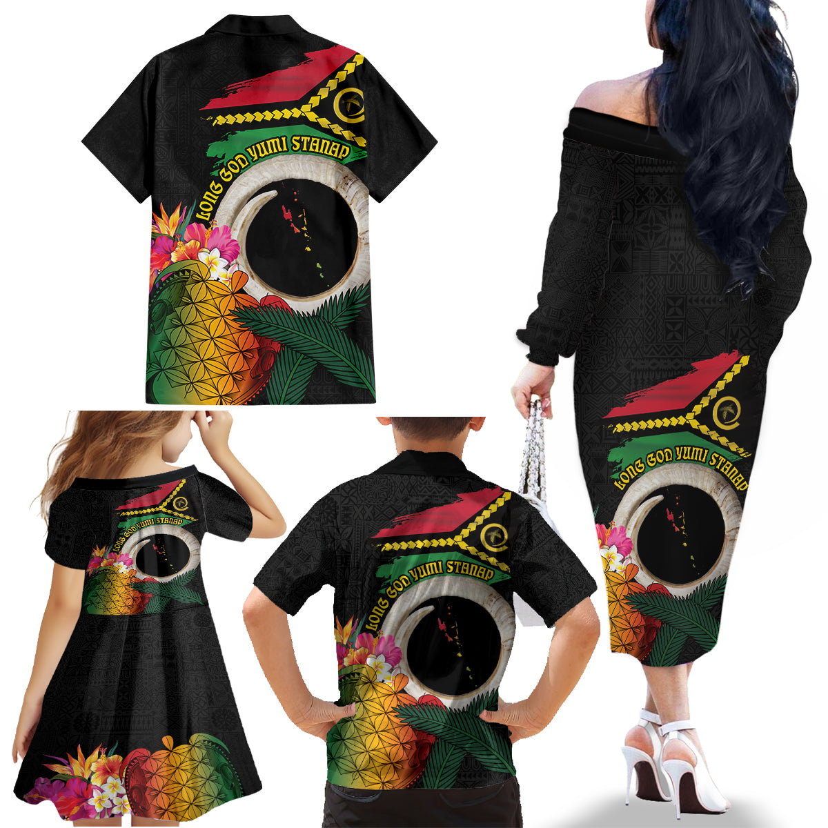 Vanuatu Selebretem 44th Indipendens Dei Family Matching Off The Shoulder Long Sleeve Dress and Hawaiian Shirt Sand Drawing Turtle Melanesian Vibes LT03 - Polynesian Pride
