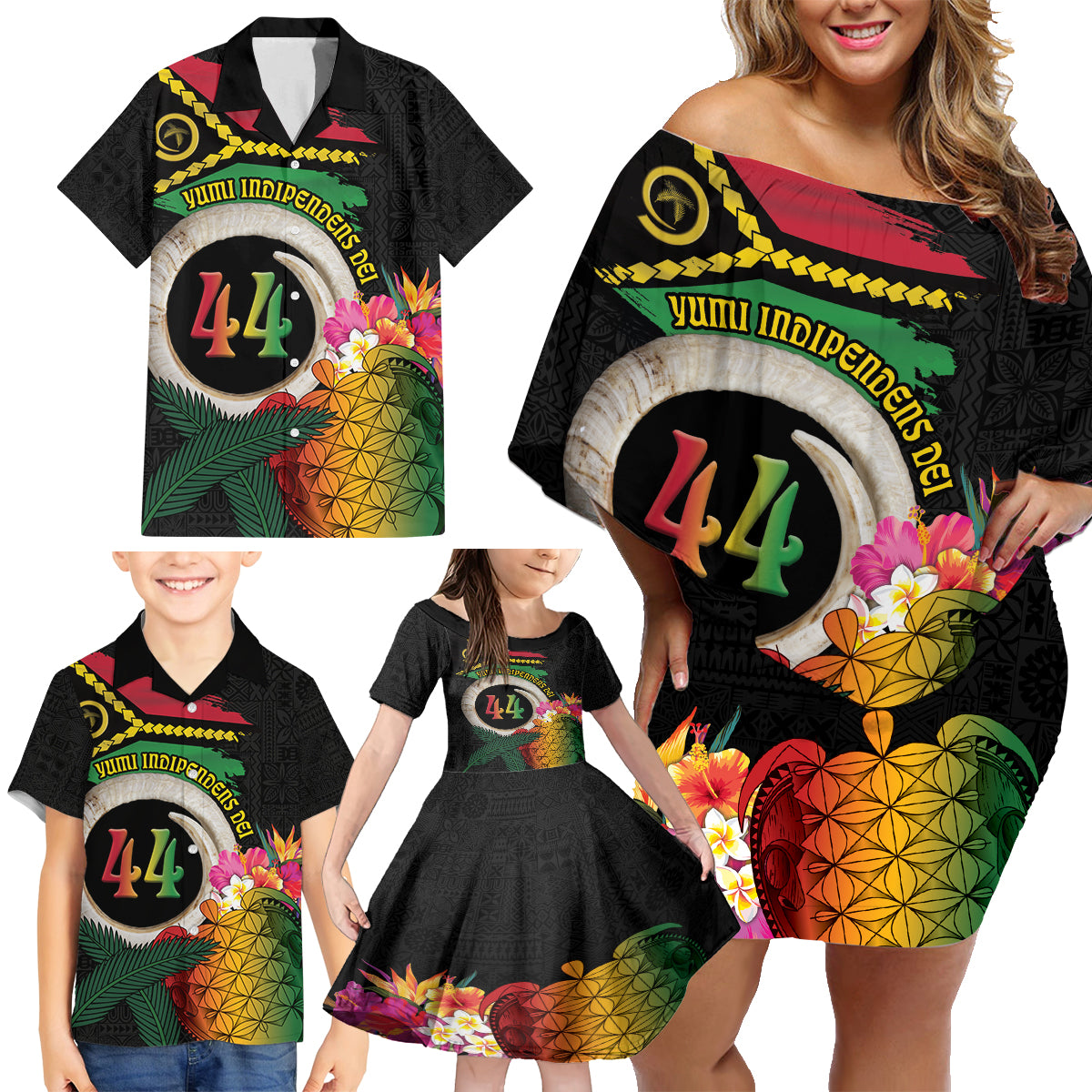 Vanuatu Selebretem 44th Indipendens Dei Family Matching Off Shoulder Short Dress and Hawaiian Shirt Sand Drawing Turtle Melanesian Vibes LT03 - Polynesian Pride