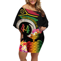 Vanuatu Selebretem 44th Indipendens Dei Family Matching Off Shoulder Short Dress and Hawaiian Shirt Sand Drawing Turtle Melanesian Vibes LT03 Mom's Dress Black - Polynesian Pride