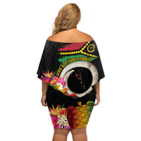 Vanuatu Selebretem 44th Indipendens Dei Family Matching Off Shoulder Short Dress and Hawaiian Shirt Sand Drawing Turtle Melanesian Vibes LT03 - Polynesian Pride