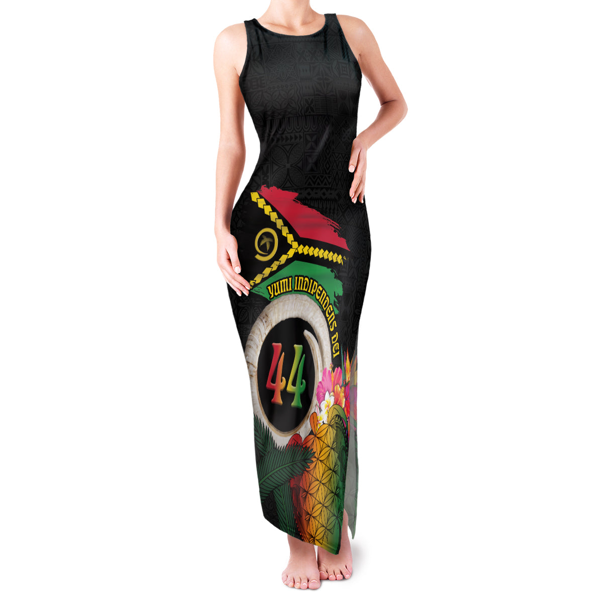 Vanuatu Selebretem 44th Indipendens Dei Family Matching Tank Maxi Dress and Hawaiian Shirt Sand Drawing Turtle Melanesian Vibes LT03 Mom's Dress Black - Polynesian Pride