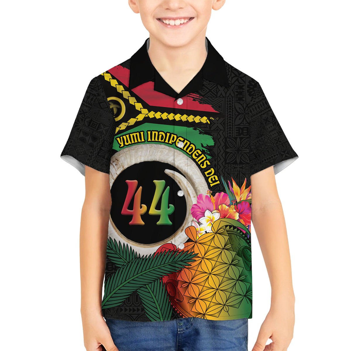Vanuatu Selebretem 44th Indipendens Dei Family Matching Tank Maxi Dress and Hawaiian Shirt Sand Drawing Turtle Melanesian Vibes LT03 Son's Shirt Black - Polynesian Pride