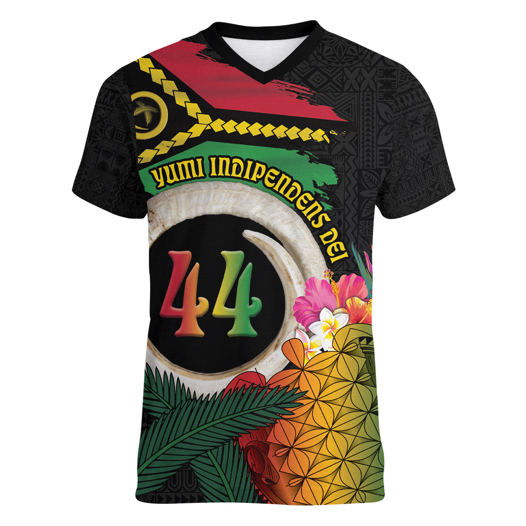 Vanuatu Selebretem 44th Indipendens Dei Women V-Neck T-Shirt Sand Drawing Turtle Melanesian Vibes