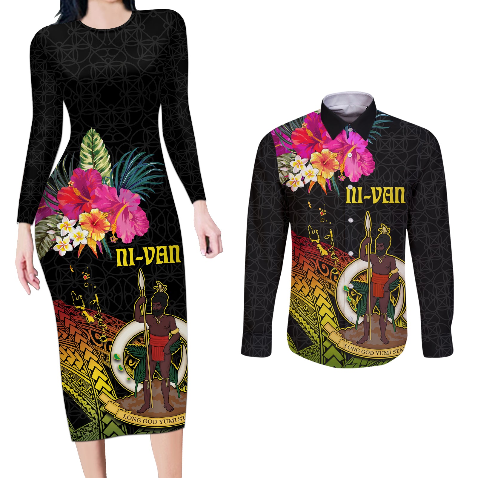Vanuatu Ni-Van Couples Matching Long Sleeve Bodycon Dress and Long Sleeve Button Shirt Coat of Arms Sand Drawing