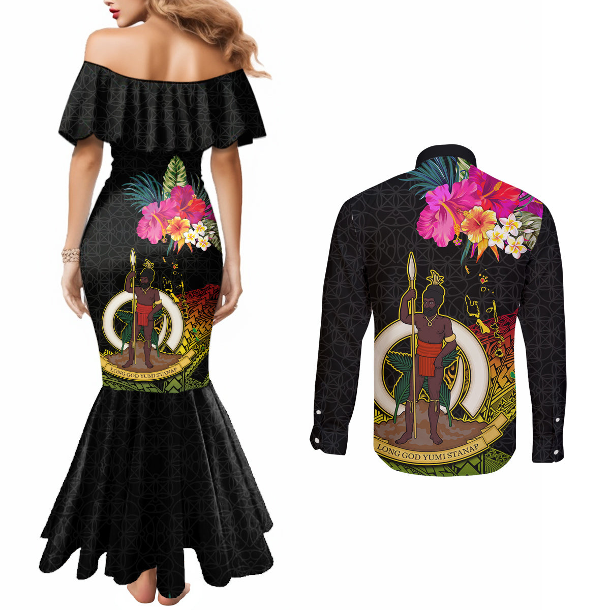 Vanuatu Ni-Van Couples Matching Mermaid Dress and Long Sleeve Button Shirt Coat of Arms Sand Drawing