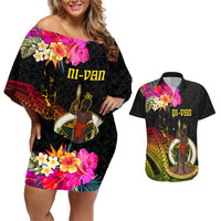 Vanuatu Ni-Van Couples Matching Off Shoulder Short Dress and Hawaiian Shirt Coat of Arms Sand Drawing