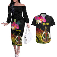 Vanuatu Ni-Van Couples Matching Off The Shoulder Long Sleeve Dress and Hawaiian Shirt Coat of Arms Sand Drawing