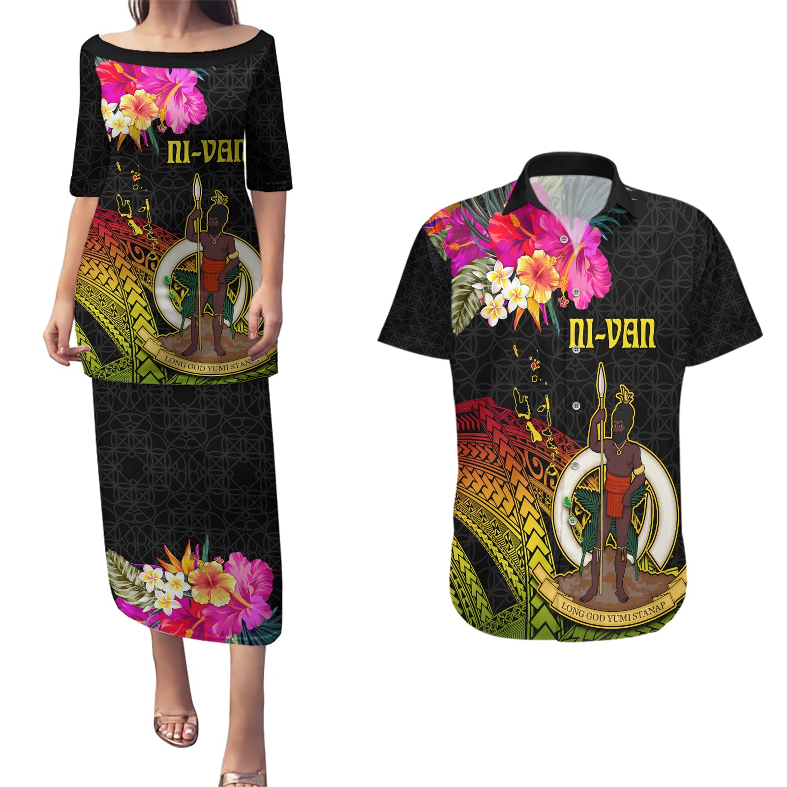 Vanuatu Ni-Van Couples Matching Puletasi and Hawaiian Shirt Coat of Arms Sand Drawing