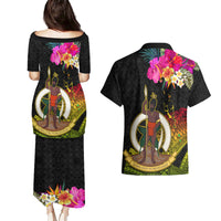 Vanuatu Ni-Van Couples Matching Puletasi and Hawaiian Shirt Coat of Arms Sand Drawing